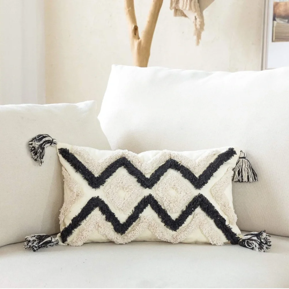 Luxury Home | Boho Chic Black & Cream Tufted Woven Tassel Lumbar Pillow Cover